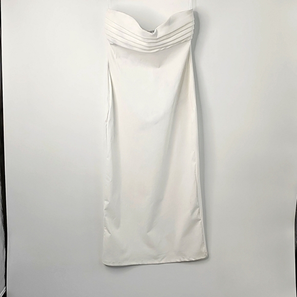 Zara Strapless White Bodycon Stretchy Midi Dress w Pleated Sweetheart Bustline - Picture 7 of 13
